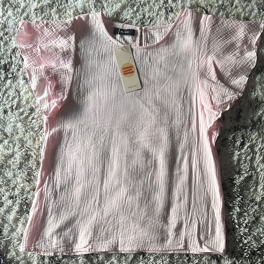 Elegant Light Pink Ruffle Sleeve Blouse NWT